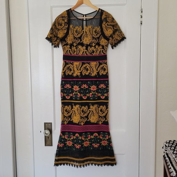 Anthropologie Jacquin Embroidered Floral and Paisley Midi Dress, Size 4 - Picture 2 of 12